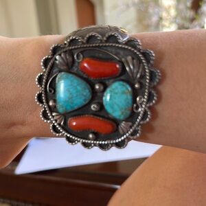 Native American Indian Turquoise Branch Coral Sterling Silver Cuff Bracelet